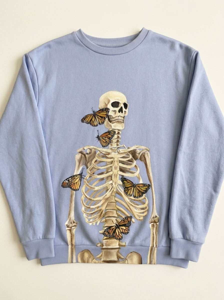 Hand-painted light blue crewneck sweatshirt featuring a skeleton with monarch butterflies perched on the bones