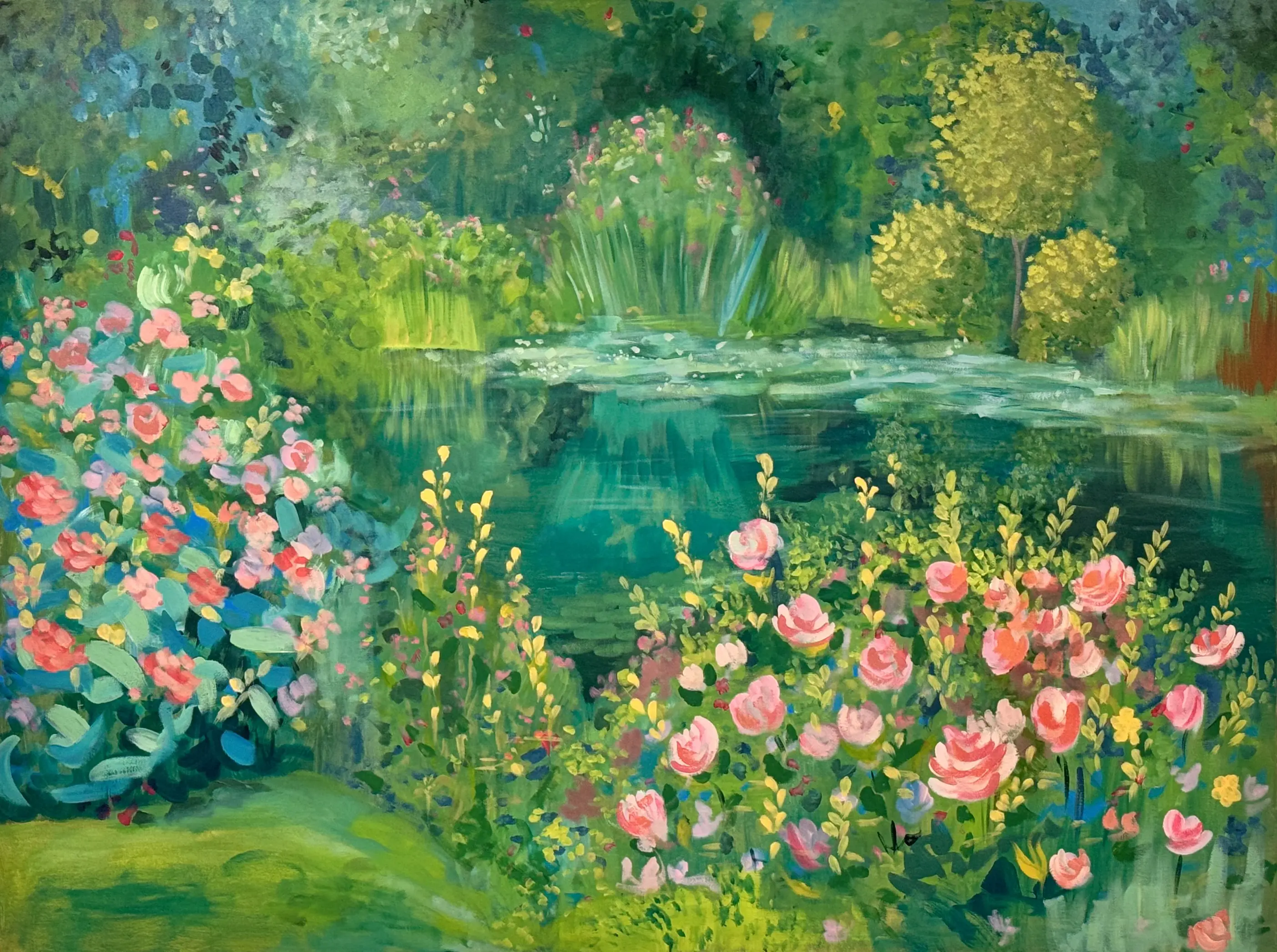 Impressionist painting of a garden pond surrounded by pink roses and lush green foliage