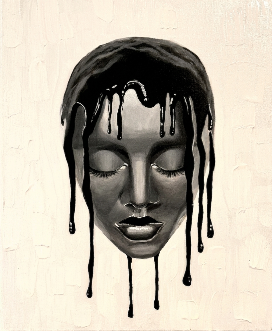 Monochromatic acrylic painting of a woman's face with eyes closed as black paint drips from her head against a white textured background