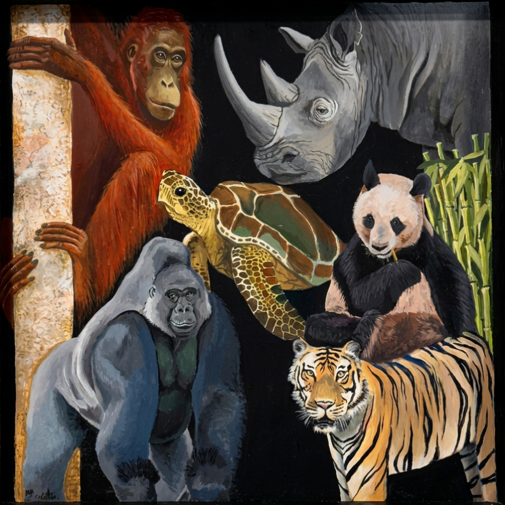 Painting of six endangered animals including an orangutan, rhino, sea turtle, gorilla, panda, and tiger on a black background
