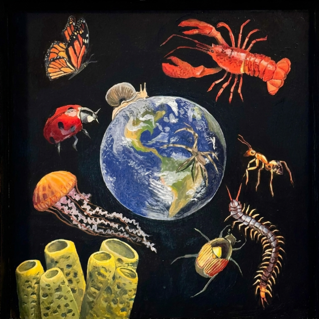 Acrylic painting of Earth surrounded by invertebrate creatures including a butterfly, lobster, ladybug, jellyfish, and snail on a black background