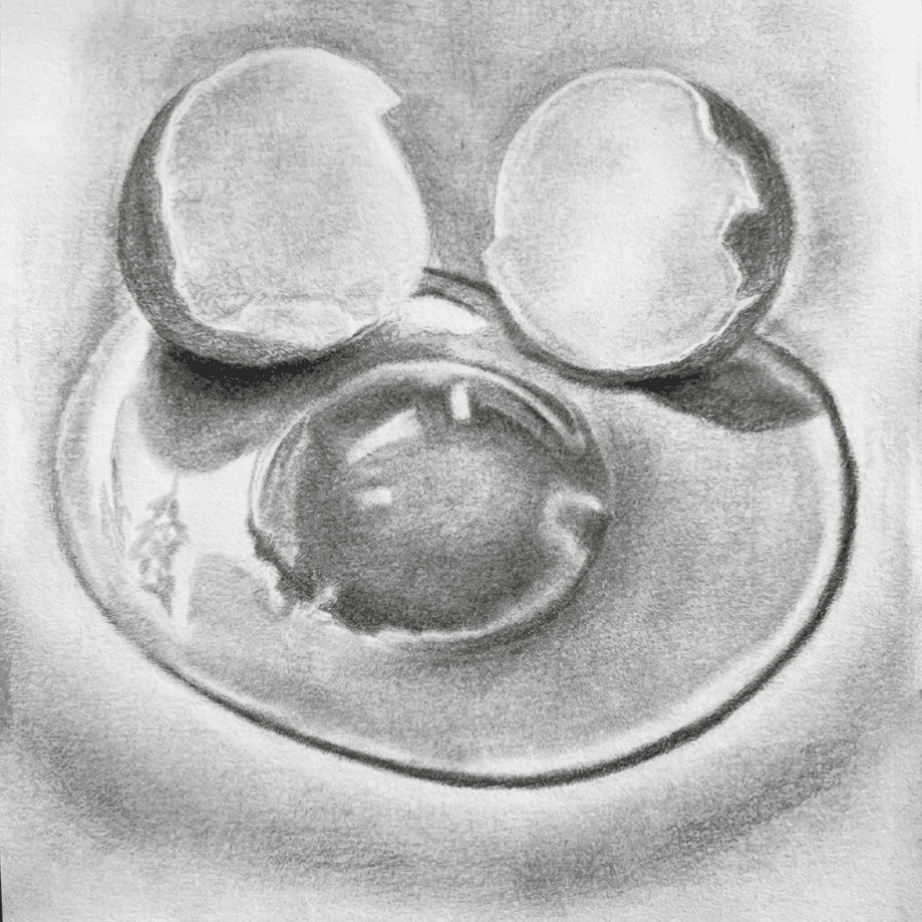 Graphite pencil drawing of a cracked egg with two shell halves and yolk pooling on a surface