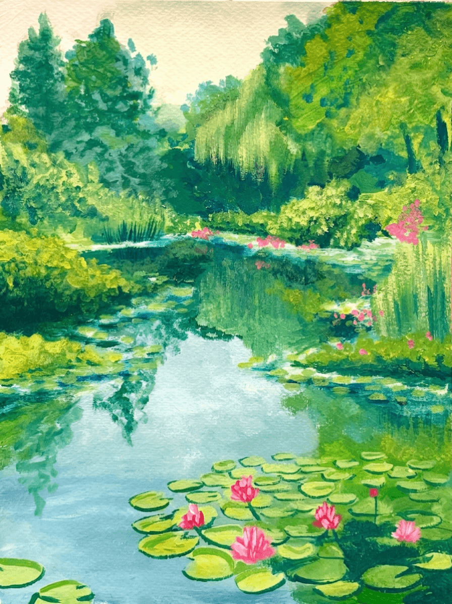 Impressionist acrylic painting of a lily pond with pink water lilies, weeping willows, and lush green trees reflected in still water