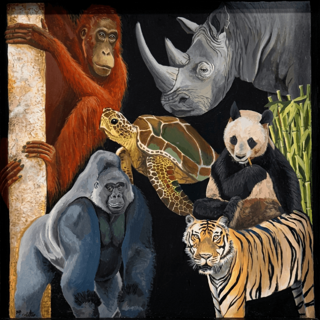 Painting of six endangered animals including an orangutan, rhino, sea turtle, gorilla, panda, and tiger on a black background