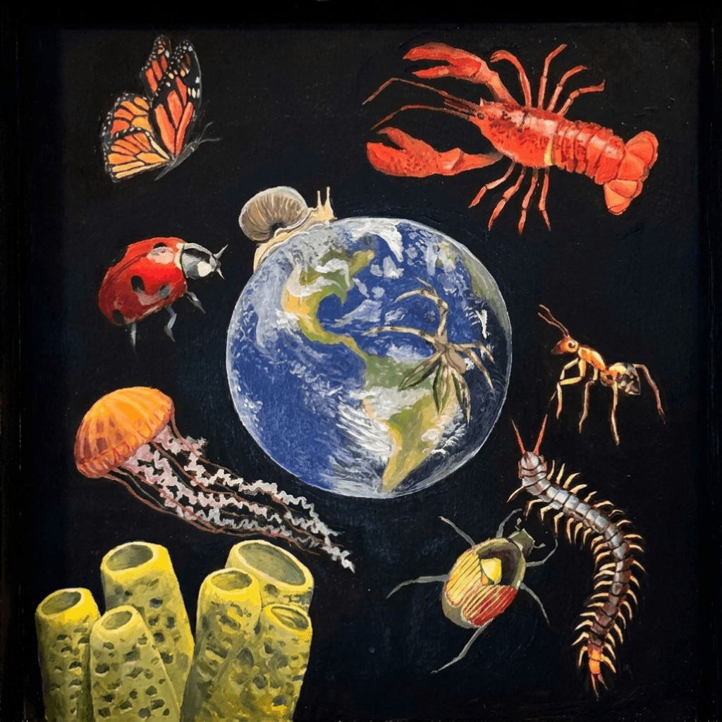 Acrylic painting of Earth surrounded by invertebrate creatures including a butterfly, lobster, ladybug, jellyfish, and snail on a black background