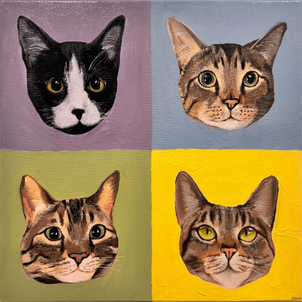 Pop-art style acrylic painting of four cat portraits in a grid, each on a different colored background