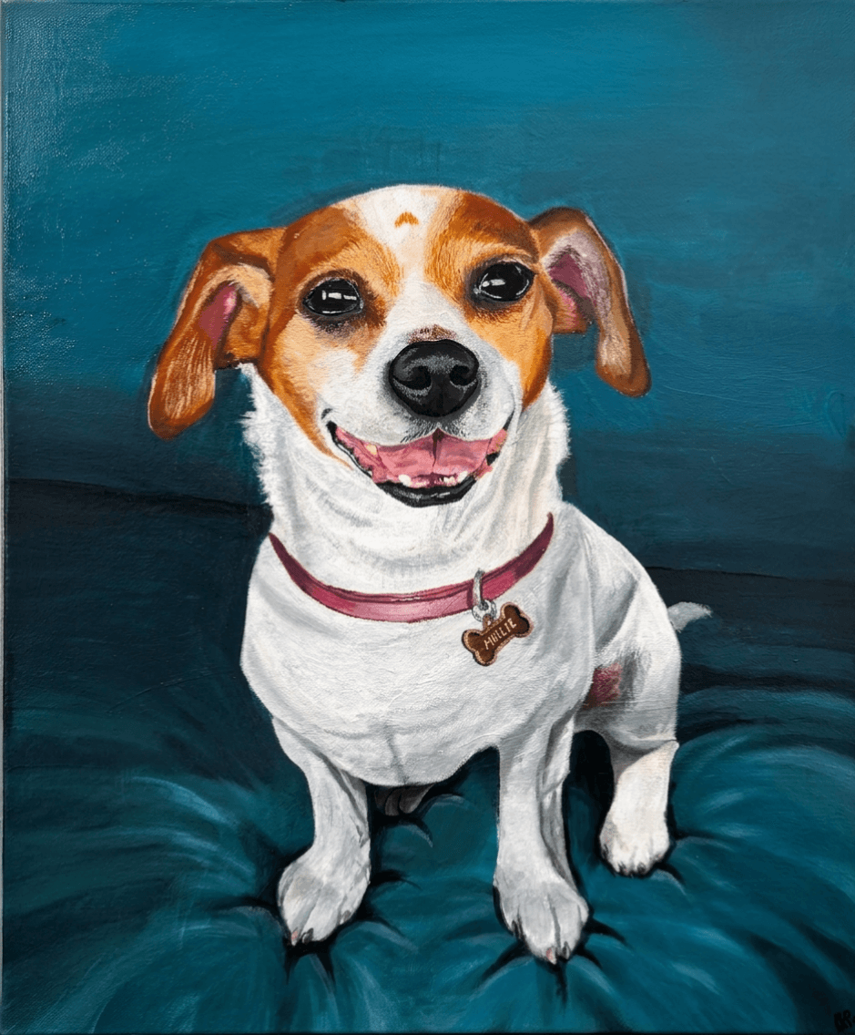 Acrylic portrait of a smiling white and tan Jack Russell Terrier wearing a pink collar against a teal background