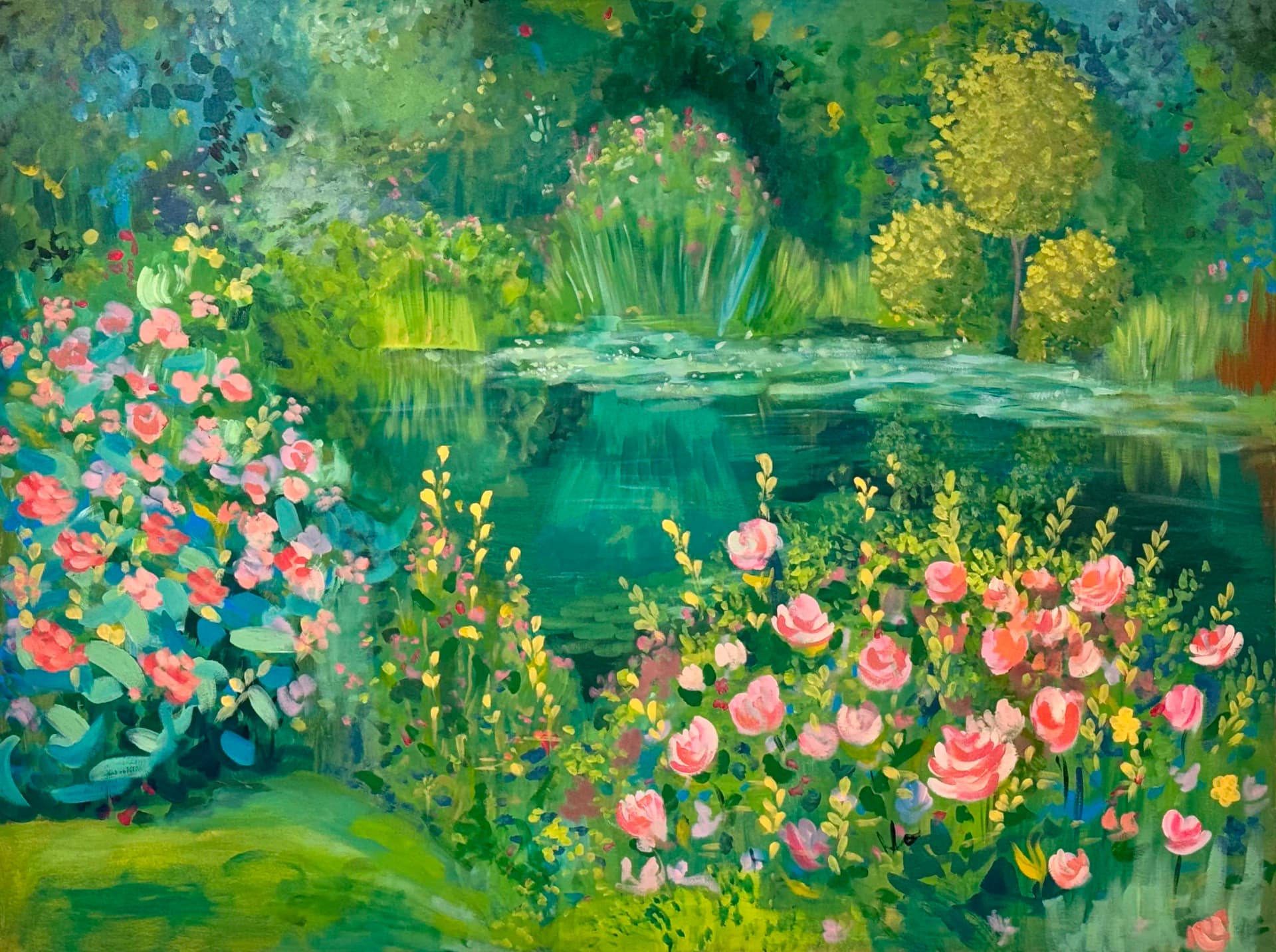 Impressionist painting of a garden pond surrounded by pink roses and lush green foliage